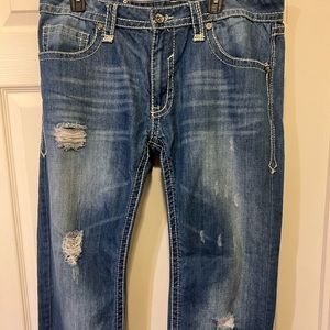 Antique Rivet, men’s distressed blue jeans, 36